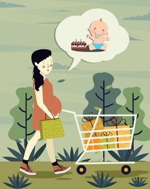 pregnancy drawing shopping woman baby speech bubble icons