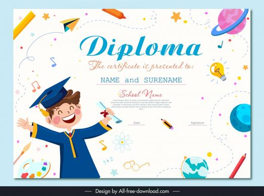 preschool diploma certificate dynamic cartoon boy school elements