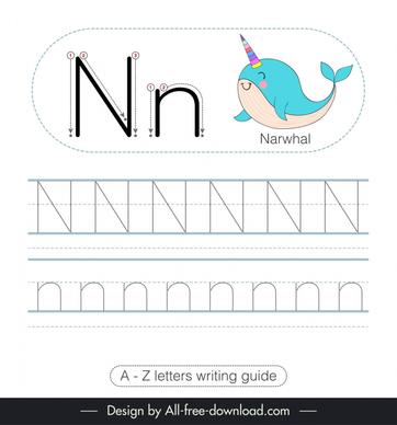 preschool writing guide worksheet template cute narwhal sketch tracing letters n outline