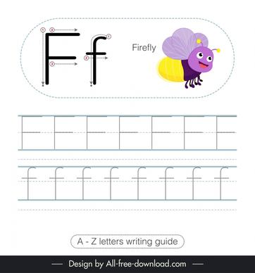 preschool writing guide worksheet template tracing letters f stylized firefly sketch cute cartoon design 