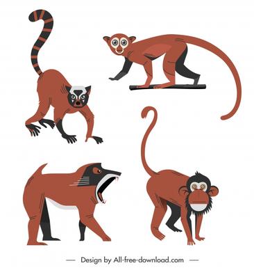 primate species icons colored cartoon character sketch