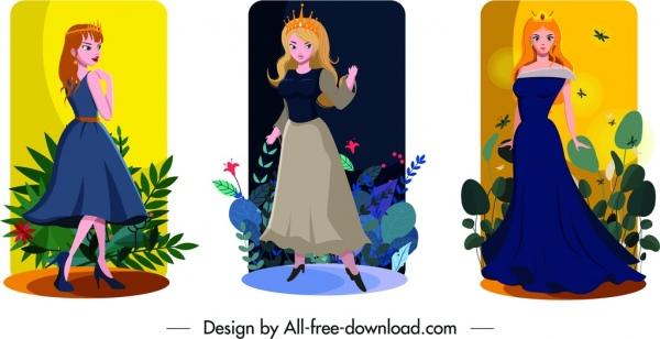 princess card sets cute girl icons cartoon characters