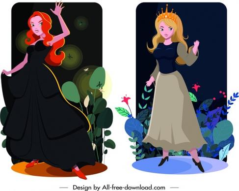 princess card templates elegant girl icons cartoon design
