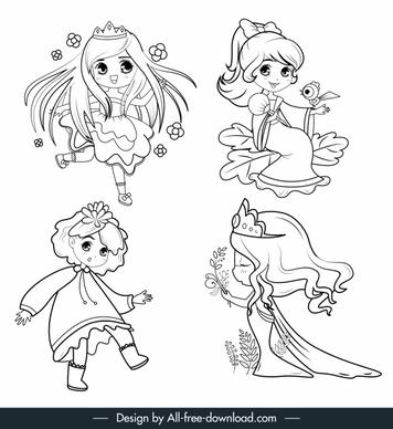 princess icons cute girl sketch handdrawn cartoon