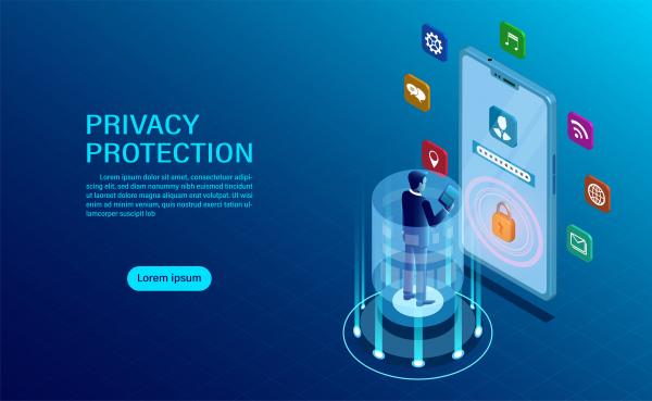 privacy protection concept businessman stood in front of a mobile protect data and confidentiality with high security flat isometric illustration