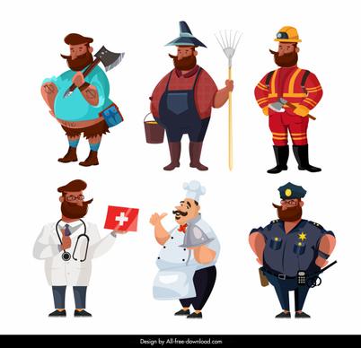 profession icons man sketch colored cartoon characters sketch