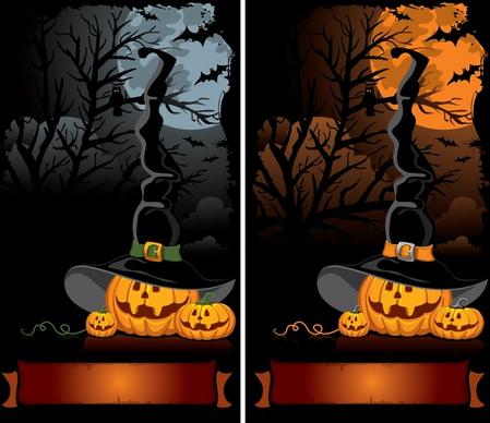 halloween background templates pumpkins dark forest sketch
