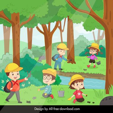 pupil picking up garbage in the forest scenery backdrop cute cartoon 
