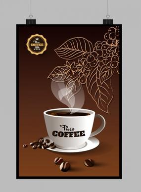 pure coffee advertisement brown design cup leaves icons