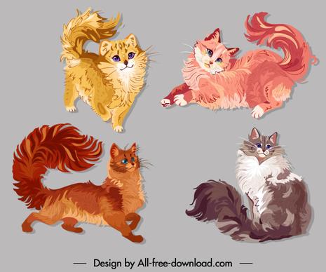 pussy cat icons colored cute sketch handdrawn design