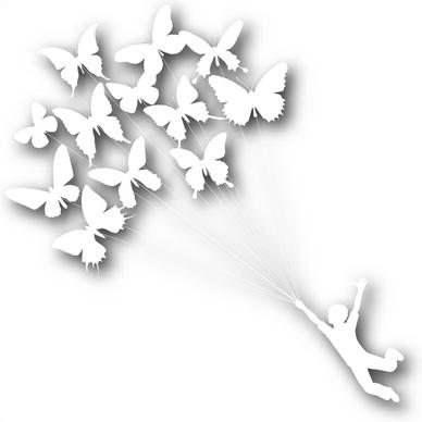 card decor element butterflies flying boy white silhouette