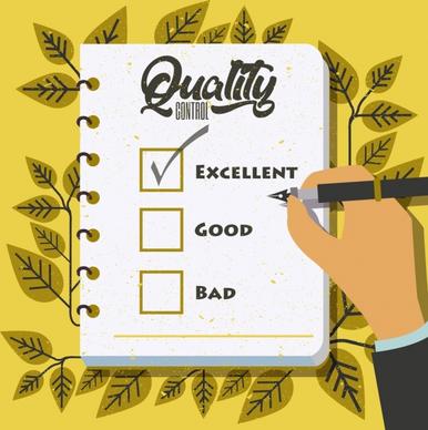 quality warranty banner checklist notebook leaves icons decor