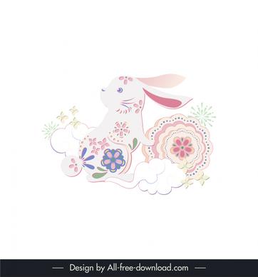 rabbit paper cut sticker template classic china style flat design cute flowers clouds decor