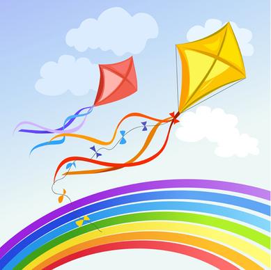 rainbow with kite vector background