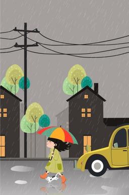 rainy background girl pet umbrella icons colored cartoon