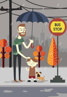 rainy weather drawing father son bus station umbrella icons