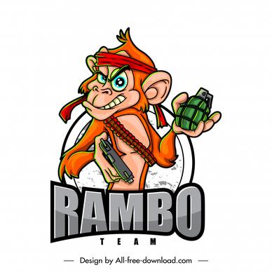 rambo team mascot icon funny stylized monkey warrior weapon sketch