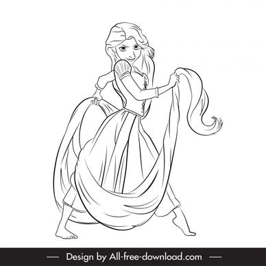 rapunzel cartoon character icon black white handdrawn outline