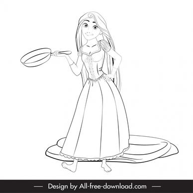 rapunzel cartoon character icon funny black white handdrawn outline