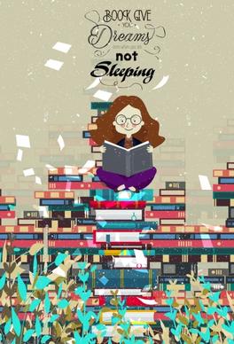 reading banner girl book stack icons colored cartoon