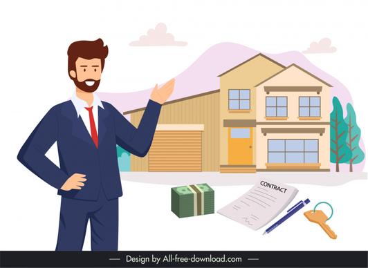 real estate broker job design elements house man money contract keys cartoon sketch