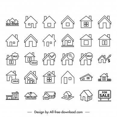 real estate icon sets black white handdrawn house symbols outline 