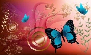 Red Background, Flowers and Blue Butterfly Graphics Vector Design