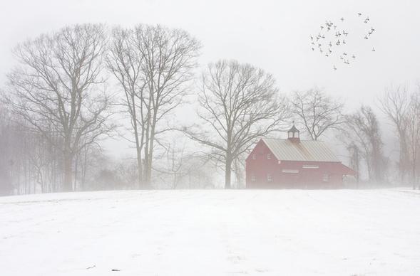 red barn in fog