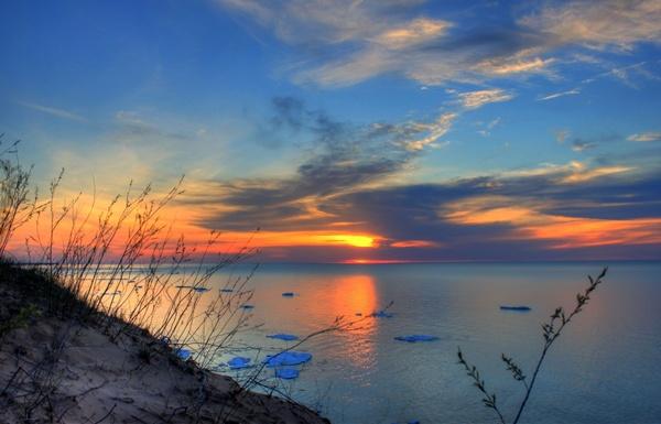 red sunset over the lake at pictured rocks national lakeshore michigan