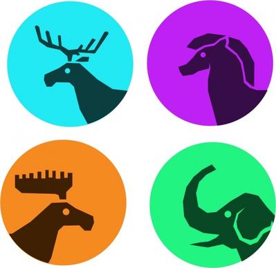 reindeer horse elephant icons collection silhouettes sketch isolation
