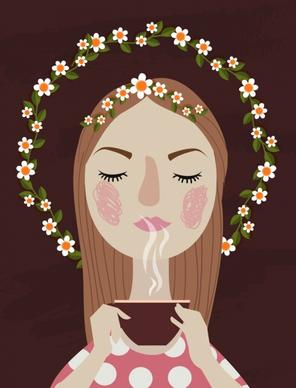 relaxed woman drawing flower wreath tea cup decoration