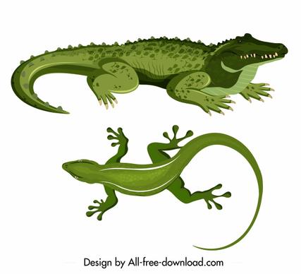 reptile species icons crocodile gecko sketch green design