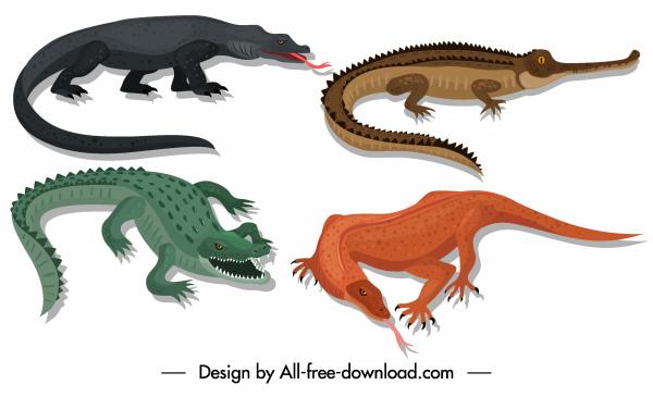 reptile species icons frightening alligator salamander sketch