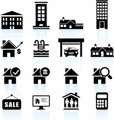 Residential real estate black and white icon set