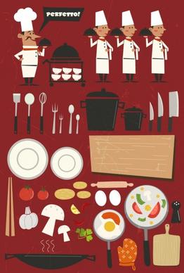 restaurant design elements chef waiter food kitchenwares icons