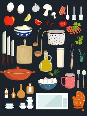 restaurant design elements utensils ingredients equipment icons
