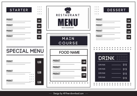 restaurant menu template black white flat simple design