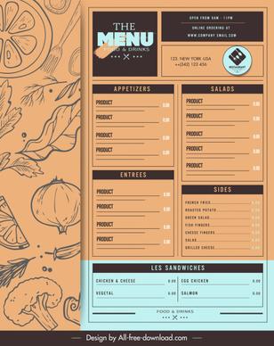 restaurant menu template retro handdrawn sketch