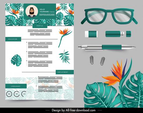 resume design elements flora pen glasses usb sketch