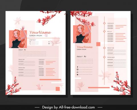 resume template girl floral branch decor classical design