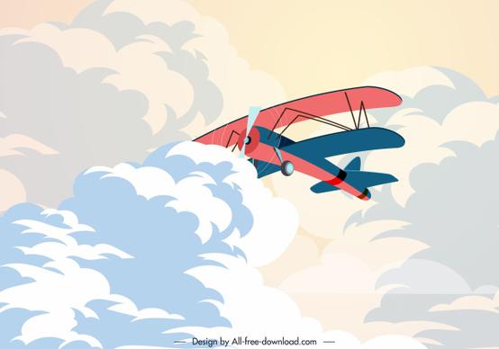 retro airplane painting cloudy sky decor cartoon design