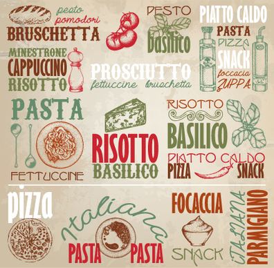 retro food with pizza logos elements vector