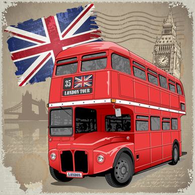 retro london background with red bus vector