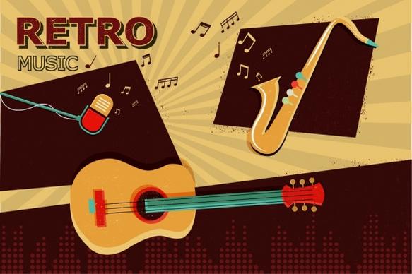 retro music background guitar trumpet microphone notes icons