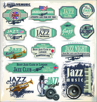 retro rock music and jazz labels vector