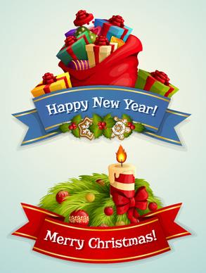 ribbon christmas with new year labels vector