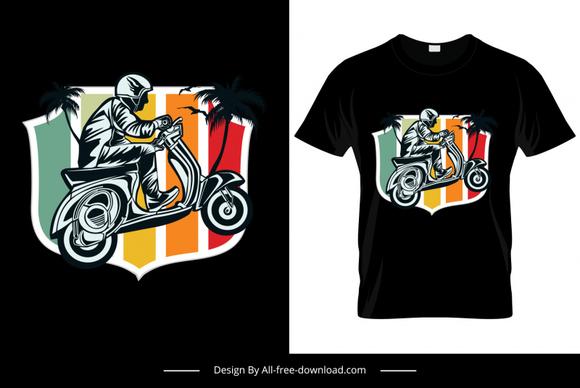 riding scooter on the beach tshirt template flat silhouette man riding motorcycle label coconut tree outline 