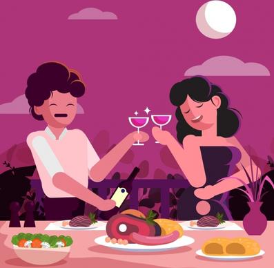 romance background couple food dining table icons decor
