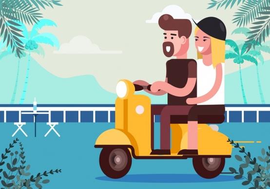 romance background couple riding scooter cartoon design