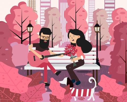 romance painting happy couple park icon colored cartoon